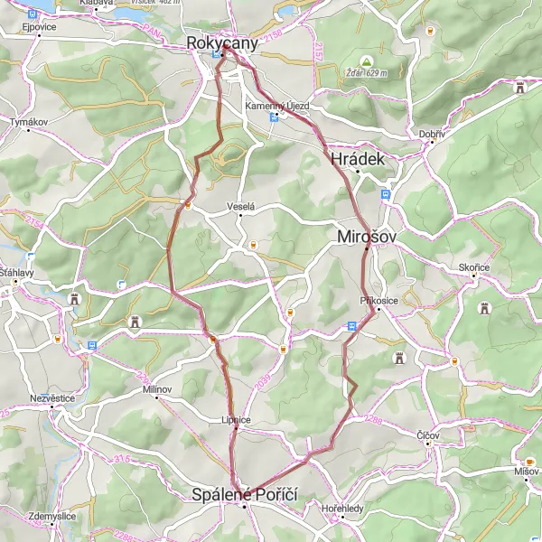 Miniaturní mapa "Okružní cyklistická trasa Rokycany - Masné krámy" inspirace pro cyklisty v oblasti Jihozápad, Czech Republic. Vytvořeno pomocí plánovače tras Tarmacs.app