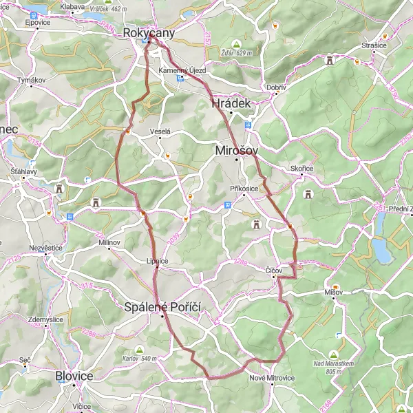 Miniaturní mapa "Gravelová cesta kolem Rokycan" inspirace pro cyklisty v oblasti Jihozápad, Czech Republic. Vytvořeno pomocí plánovače tras Tarmacs.app