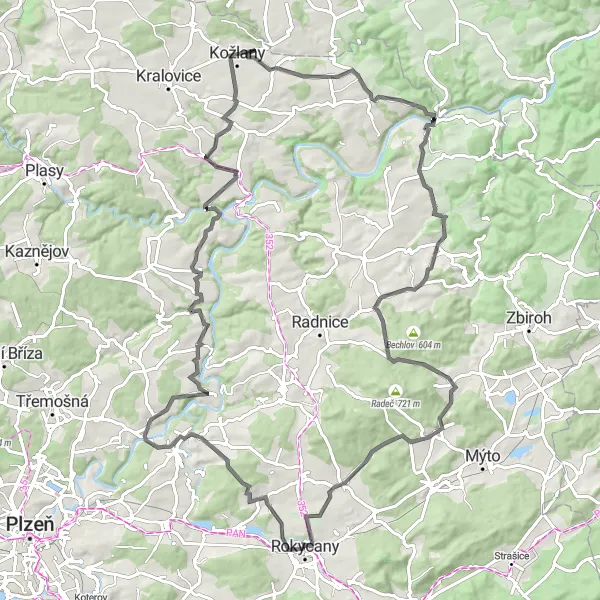 Map miniature of "Rokycany to Osecký vrch Loop" cycling inspiration in Jihozápad, Czech Republic. Generated by Tarmacs.app cycling route planner