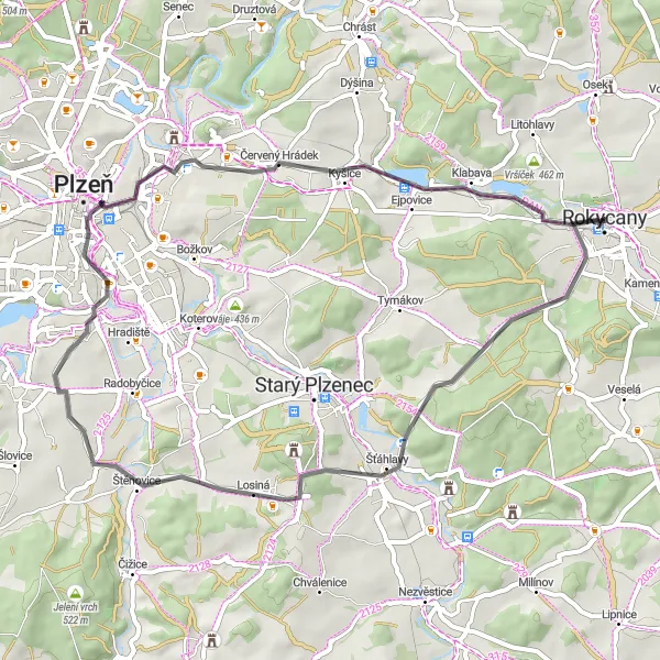 Miniaturní mapa "Okruh kolem Rokycan" inspirace pro cyklisty v oblasti Jihozápad, Czech Republic. Vytvořeno pomocí plánovače tras Tarmacs.app