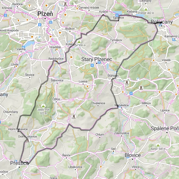 Miniaturní mapa "Výzva kolem Rokycan" inspirace pro cyklisty v oblasti Jihozápad, Czech Republic. Vytvořeno pomocí plánovače tras Tarmacs.app