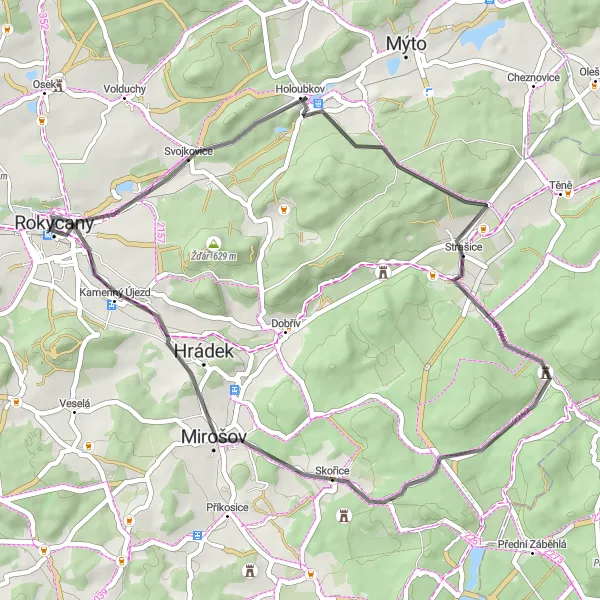 Miniaturní mapa "Okružní cyklistická trasa Svojkovice - Rokycany" inspirace pro cyklisty v oblasti Jihozápad, Czech Republic. Vytvořeno pomocí plánovače tras Tarmacs.app