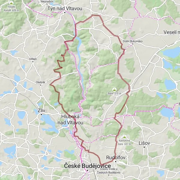 Karten-Miniaturansicht der Radinspiration "Herausfordernde Gravelroute um Rudolfov" in Jihozápad, Czech Republic. Erstellt vom Tarmacs.app-Routenplaner für Radtouren