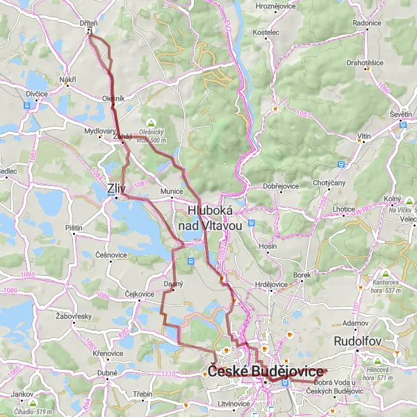 Mapa miniatúra "Gravel okolo Českého Budějovice" cyklistická inšpirácia v Jihozápad, Czech Republic. Vygenerované cyklistickým plánovačom trás Tarmacs.app