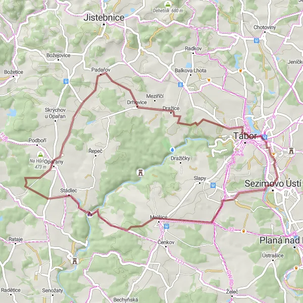 Map miniature of "Explore Drhovice and Travnatá cesta" cycling inspiration in Jihozápad, Czech Republic. Generated by Tarmacs.app cycling route planner
