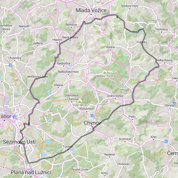 Map miniature of "Through Jeníčkova Lhota and Vožický výhled" cycling inspiration in Jihozápad, Czech Republic. Generated by Tarmacs.app cycling route planner