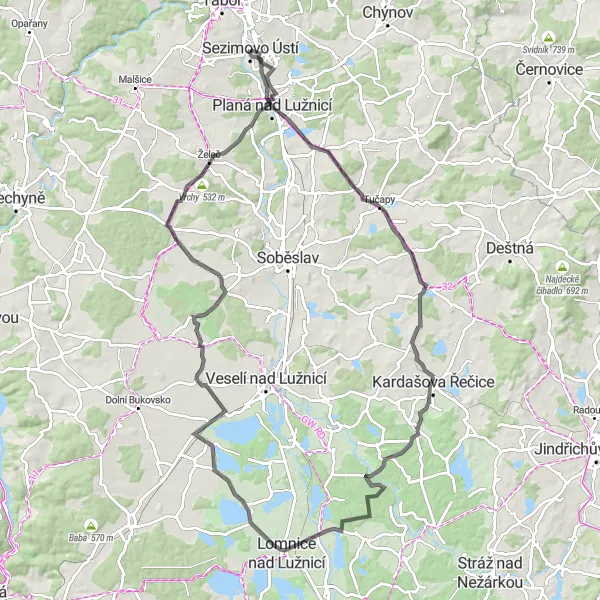 Mapa miniatúra "Kola kolem Lužnice" cyklistická inšpirácia v Jihozápad, Czech Republic. Vygenerované cyklistickým plánovačom trás Tarmacs.app