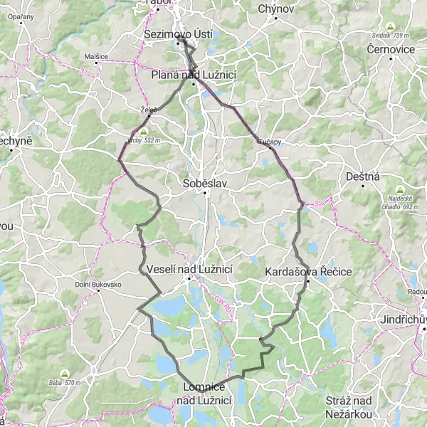 Miniaturní mapa "Silniční cyklotrasa k Lomnici nad Lužnicí" inspirace pro cyklisty v oblasti Jihozápad, Czech Republic. Vytvořeno pomocí plánovače tras Tarmacs.app