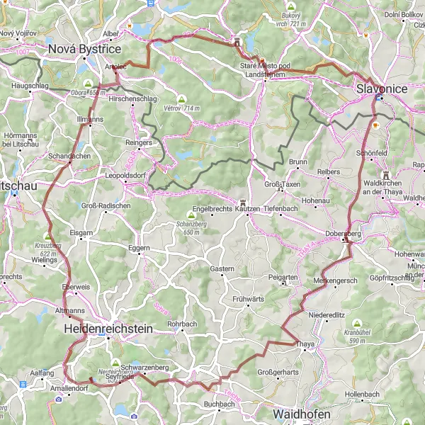 Miniaturní mapa "Trasa do kopcovité krajiny kolem Slavonic" inspirace pro cyklisty v oblasti Jihozápad, Czech Republic. Vytvořeno pomocí plánovače tras Tarmacs.app