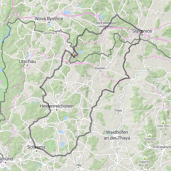 Map miniature of "The Slavonice Grand Loop" cycling inspiration in Jihozápad, Czech Republic. Generated by Tarmacs.app cycling route planner