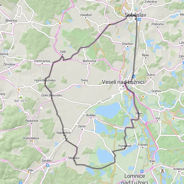 Mapa miniatúra "Road Mazelov Loop" cyklistická inšpirácia v Jihozápad, Czech Republic. Vygenerované cyklistickým plánovačom trás Tarmacs.app