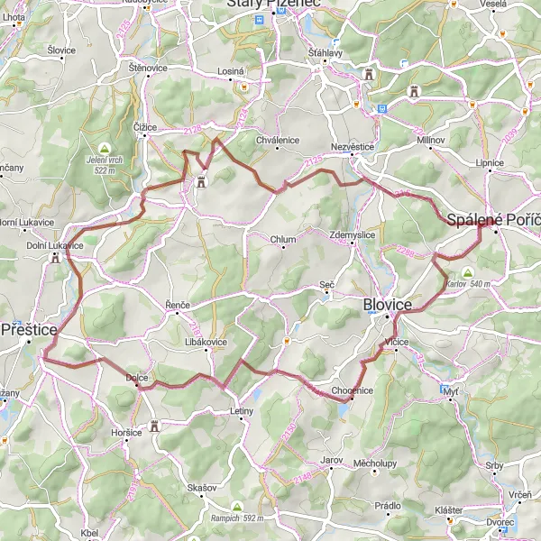 Mapa miniatúra "Cyklotrasa Karlov a Předenice" cyklistická inšpirácia v Jihozápad, Czech Republic. Vygenerované cyklistickým plánovačom trás Tarmacs.app