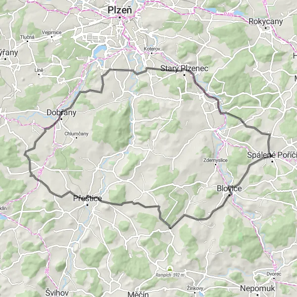 Mapa miniatúra "Cyklotrasa okolo prírodných scenérií" cyklistická inšpirácia v Jihozápad, Czech Republic. Vygenerované cyklistickým plánovačom trás Tarmacs.app