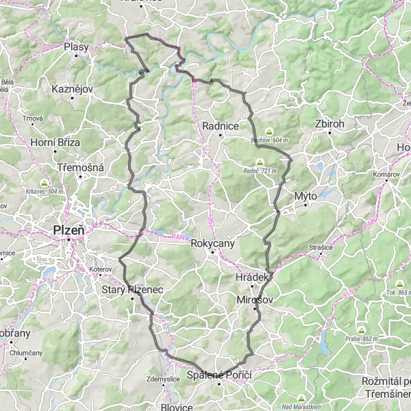 Miniaturní mapa "Extended Cycling Tour around Spálené Poříčí" inspirace pro cyklisty v oblasti Jihozápad, Czech Republic. Vytvořeno pomocí plánovače tras Tarmacs.app