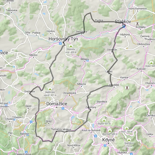 Map miniature of "Round-Trip to Draženov" cycling inspiration in Jihozápad, Czech Republic. Generated by Tarmacs.app cycling route planner