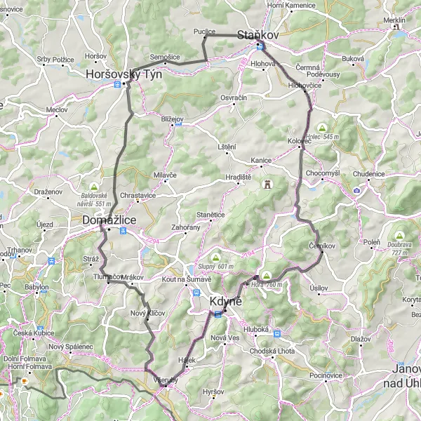 Map miniature of "Hills and Heritage" cycling inspiration in Jihozápad, Czech Republic. Generated by Tarmacs.app cycling route planner