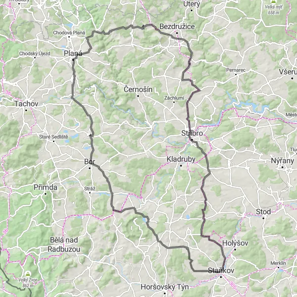 Mapa miniatúra "Okruh kolem Staňkova a okolí" cyklistická inšpirácia v Jihozápad, Czech Republic. Vygenerované cyklistickým plánovačom trás Tarmacs.app