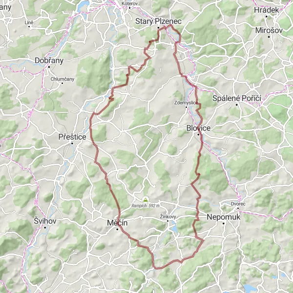 Mapa miniatúra "Gravel Kolo cestou k Žákava" cyklistická inšpirácia v Jihozápad, Czech Republic. Vygenerované cyklistickým plánovačom trás Tarmacs.app