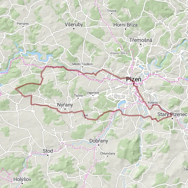 Mapa miniatúra "Gravelový okruh s výhledem na Hněvnice a Plešnice" cyklistická inšpirácia v Jihozápad, Czech Republic. Vygenerované cyklistickým plánovačom trás Tarmacs.app