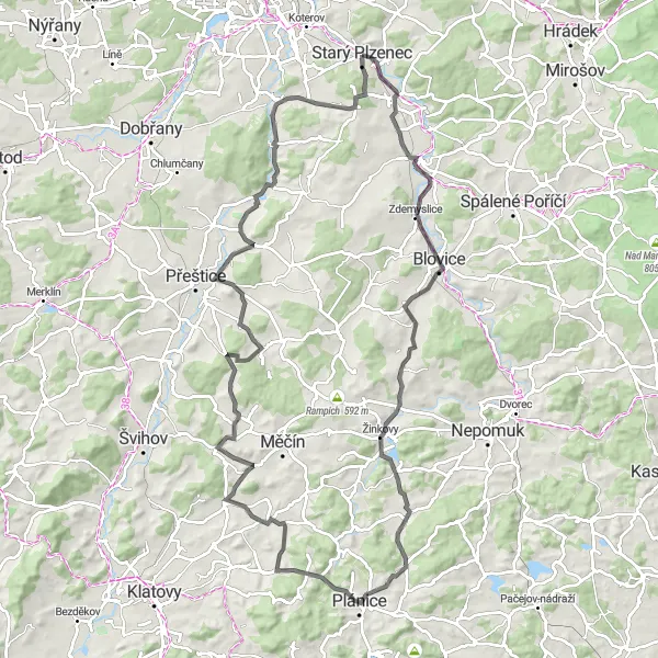 Miniaturní mapa "Výlet po okolí Starého Plzence" inspirace pro cyklisty v oblasti Jihozápad, Czech Republic. Vytvořeno pomocí plánovače tras Tarmacs.app