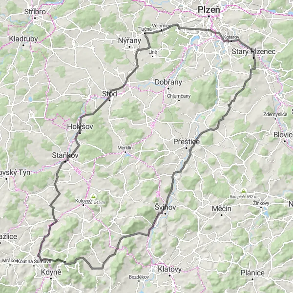 Karten-Miniaturansicht der Radinspiration "Weite Panoramen und Höhen auf dem Radweg um Starý Plzenec" in Jihozápad, Czech Republic. Erstellt vom Tarmacs.app-Routenplaner für Radtouren