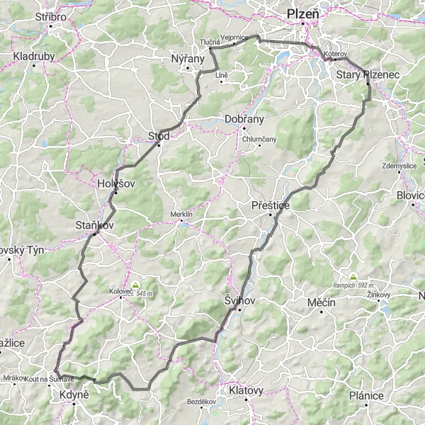 Map miniature of "The Nebílovy Loop" cycling inspiration in Jihozápad, Czech Republic. Generated by Tarmacs.app cycling route planner