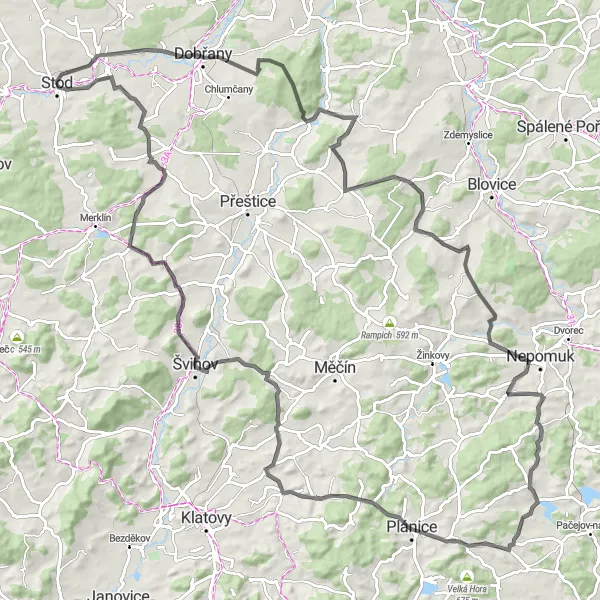 Miniaturní mapa "Cyklistická trasa Stod - Vodní Újezd - Kluk - Osek - Zhůř - Na Skalici - Zborovy - Ve Vršku - Zámkovská hora - Třebýcinka - Černotín - Stod (Silnice)" inspirace pro cyklisty v oblasti Jihozápad, Czech Republic. Vytvořeno pomocí plánovače tras Tarmacs.app