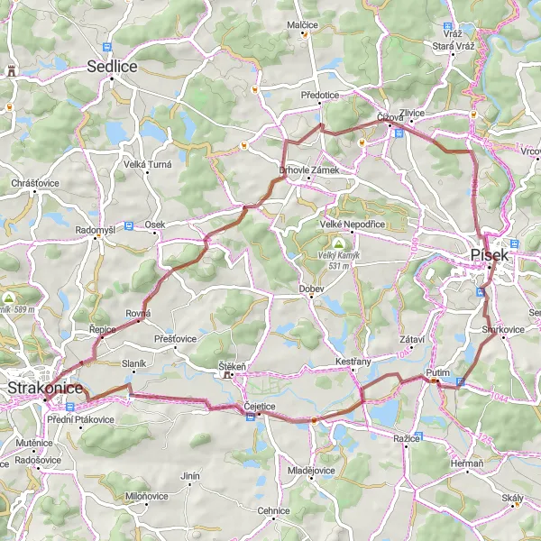 Miniaturní mapa "Okruhová cyklistická trasa Jaslov - Řepice - Kosejřín - Čížová - Písek - Na Vršku - Strakonice I" inspirace pro cyklisty v oblasti Jihozápad, Czech Republic. Vytvořeno pomocí plánovače tras Tarmacs.app