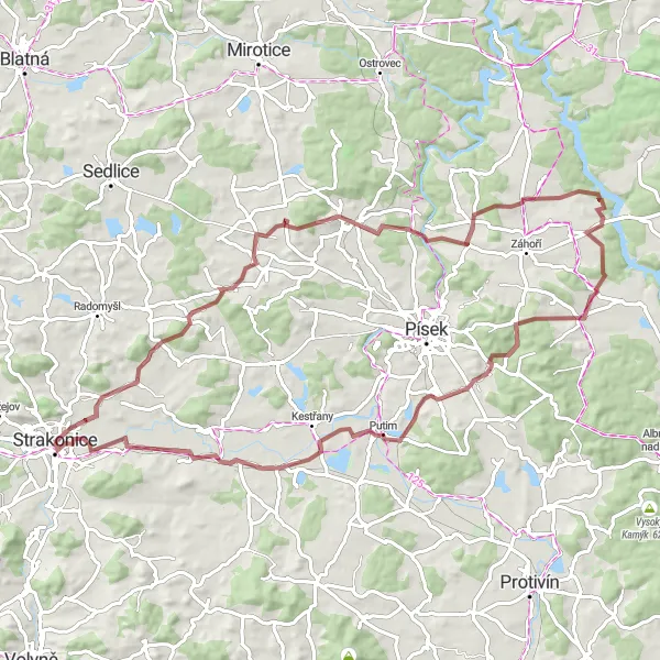 Miniaturní mapa "Around Strakonice Gravel Adventure" inspirace pro cyklisty v oblasti Jihozápad, Czech Republic. Vytvořeno pomocí plánovače tras Tarmacs.app