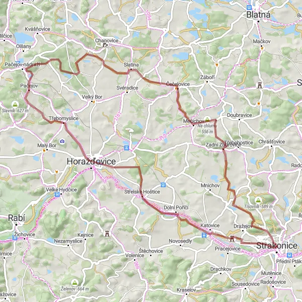 Miniaturní mapa "Trasa Virt - Kněží hora - Střelské Hoštice - Pačejov - Dobrotice - Na chlumu - Zadní Zborovice - Kuřidlo - Strakonice I" inspirace pro cyklisty v oblasti Jihozápad, Czech Republic. Vytvořeno pomocí plánovače tras Tarmacs.app