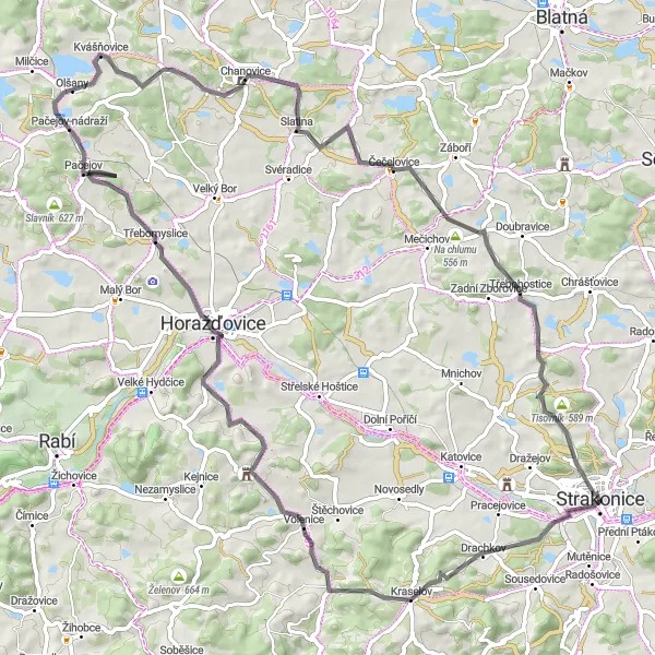 Map miniature of "Challenging Road Cycling Route to Strakonice" cycling inspiration in Jihozápad, Czech Republic. Generated by Tarmacs.app cycling route planner