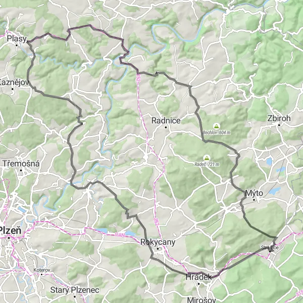 Mapa miniatúra "Road plná kopců" cyklistická inšpirácia v Jihozápad, Czech Republic. Vygenerované cyklistickým plánovačom trás Tarmacs.app