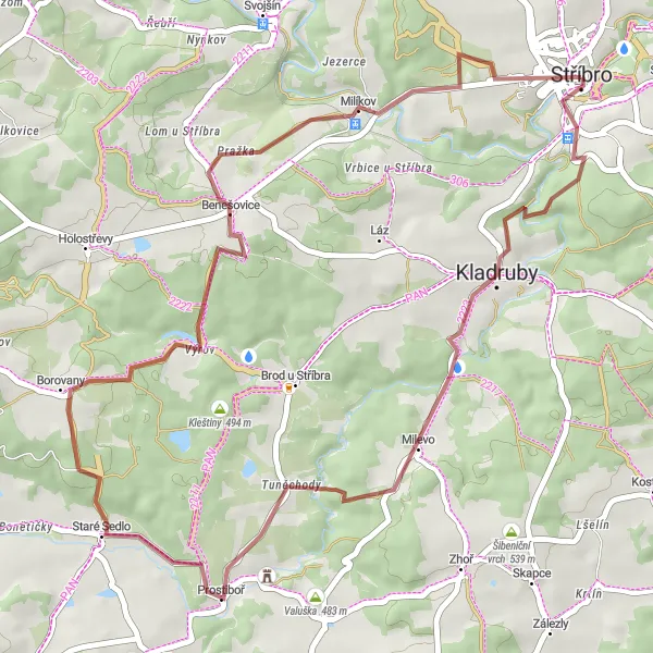 Map miniature of "Picturesque Gravel Tour to Kladruby" cycling inspiration in Jihozápad, Czech Republic. Generated by Tarmacs.app cycling route planner