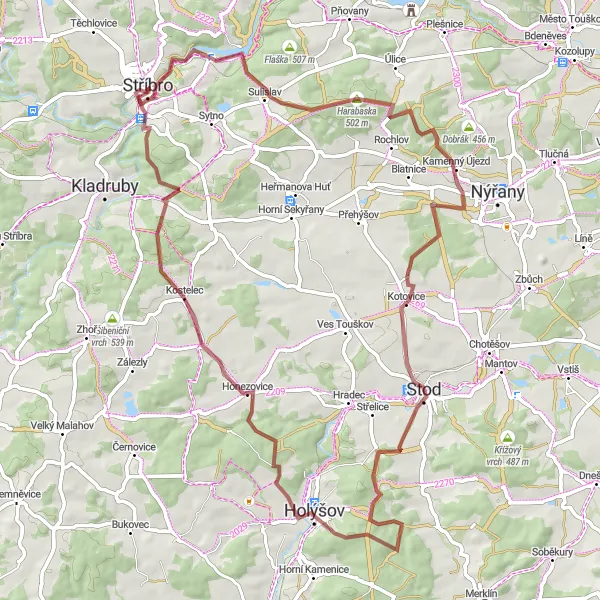 Map miniature of "Gravel Adventure to Kostelec" cycling inspiration in Jihozápad, Czech Republic. Generated by Tarmacs.app cycling route planner