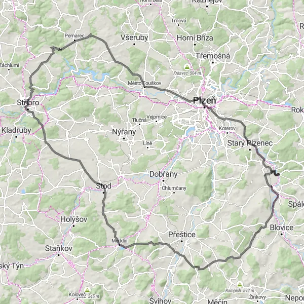 Miniaturní mapa "Epický okruh v okolí Stříbra" inspirace pro cyklisty v oblasti Jihozápad, Czech Republic. Vytvořeno pomocí plánovače tras Tarmacs.app