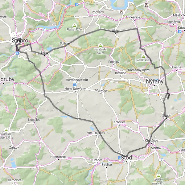 Mapa miniatúra "Road Cycling to Doubrava and Ostrov u Stříbra" cyklistická inšpirácia v Jihozápad, Czech Republic. Vygenerované cyklistickým plánovačom trás Tarmacs.app