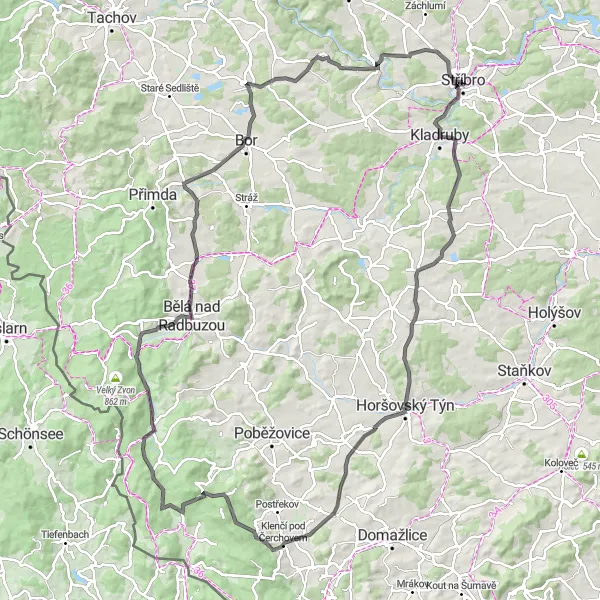Map miniature of "Challenging Hills Loop" cycling inspiration in Jihozápad, Czech Republic. Generated by Tarmacs.app cycling route planner