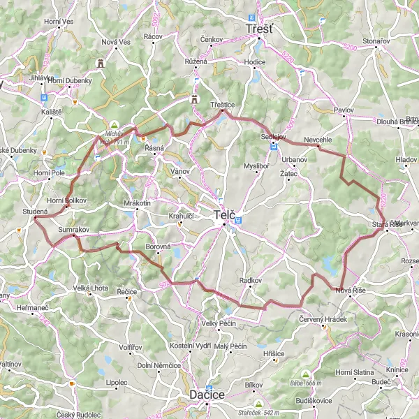 Miniaturní mapa "Gravel cyklotrasa přes Řídelov a Babí horu" inspirace pro cyklisty v oblasti Jihozápad, Czech Republic. Vytvořeno pomocí plánovače tras Tarmacs.app