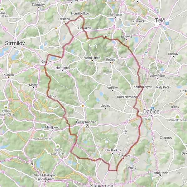 Mapa miniatúra "Kolo kolem Studeného" cyklistická inšpirácia v Jihozápad, Czech Republic. Vygenerované cyklistickým plánovačom trás Tarmacs.app