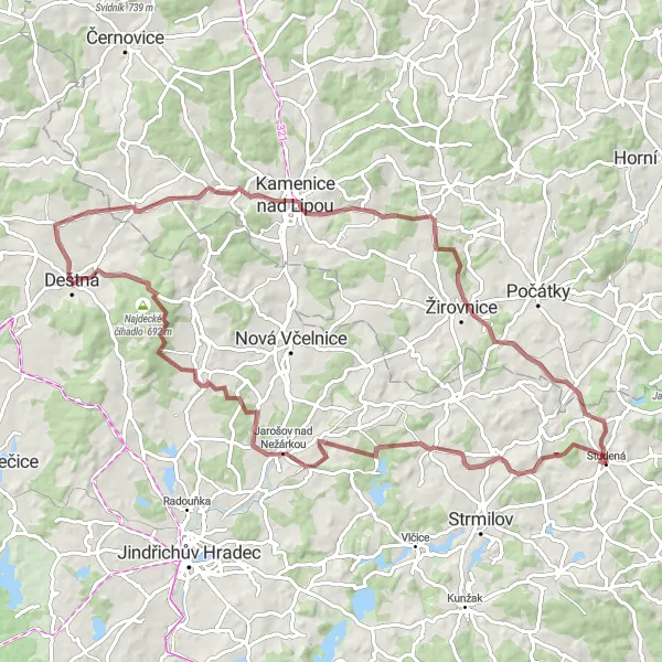 Mapa miniatúra "Gravelový okruh přes Studenou" cyklistická inšpirácia v Jihozápad, Czech Republic. Vygenerované cyklistickým plánovačom trás Tarmacs.app