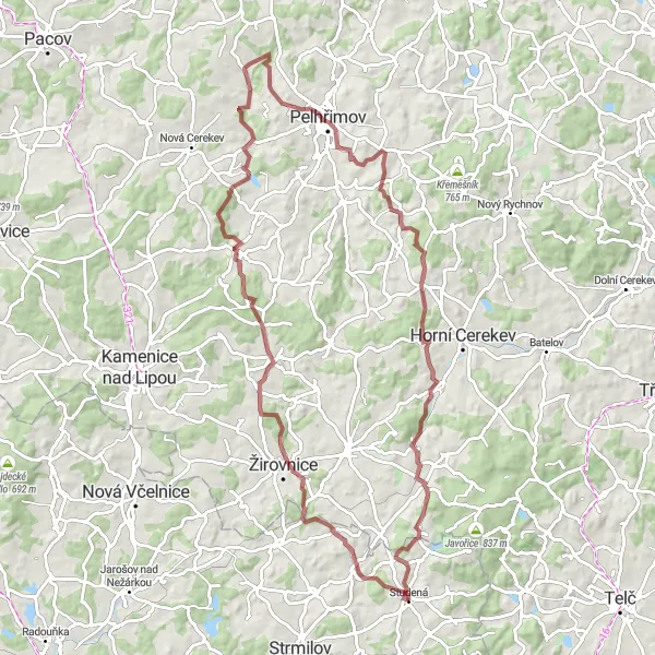 Mapa miniatúra "Extrémní cyklotrasa okolo Studeného" cyklistická inšpirácia v Jihozápad, Czech Republic. Vygenerované cyklistickým plánovačom trás Tarmacs.app
