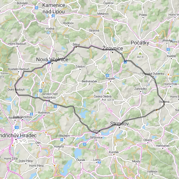 Miniaturní mapa "Silniční cyklotrasa přes Mutyněves a Domašín" inspirace pro cyklisty v oblasti Jihozápad, Czech Republic. Vytvořeno pomocí plánovače tras Tarmacs.app