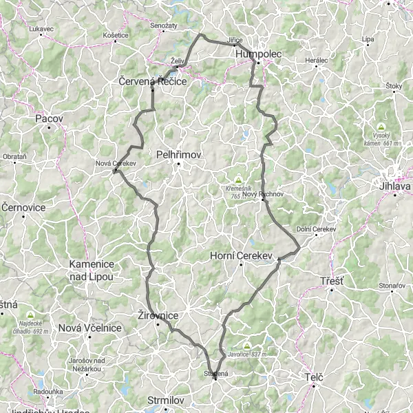 Map miniature of "Hřebeč 1" cycling inspiration in Jihozápad, Czech Republic. Generated by Tarmacs.app cycling route planner