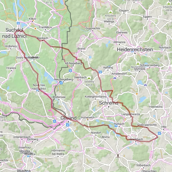 Miniaturní mapa "Gravel Tour Around Suchdol nad Lužnicí" inspirace pro cyklisty v oblasti Jihozápad, Czech Republic. Vytvořeno pomocí plánovače tras Tarmacs.app
