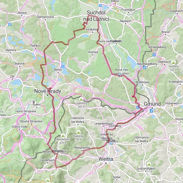 Map miniature of "Gravel Adventure: South Bohemian Escape" cycling inspiration in Jihozápad, Czech Republic. Generated by Tarmacs.app cycling route planner