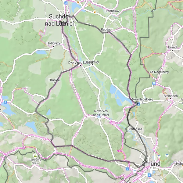 Mapa miniatúra "Cestná cyklotrasa od Suchdola nad Lužnicí" cyklistická inšpirácia v Jihozápad, Czech Republic. Vygenerované cyklistickým plánovačom trás Tarmacs.app