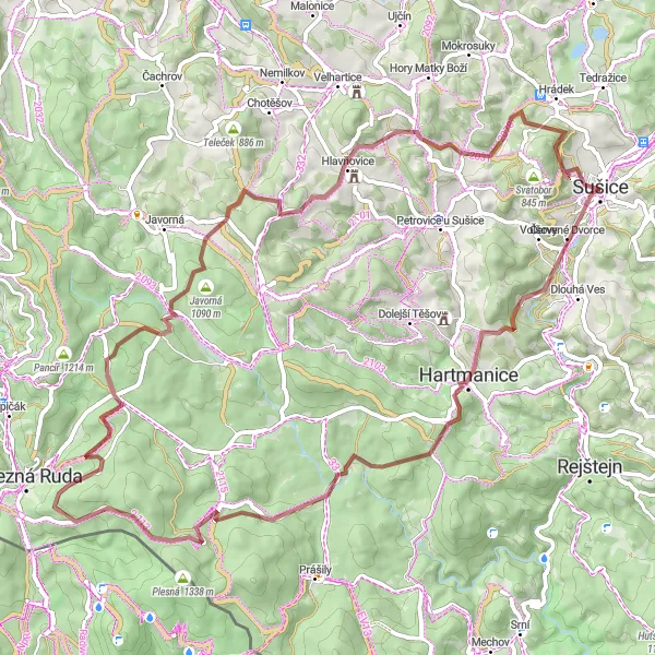 Mapa miniatúra "Okruh kolem Sušice III" cyklistická inšpirácia v Jihozápad, Czech Republic. Vygenerované cyklistickým plánovačom trás Tarmacs.app