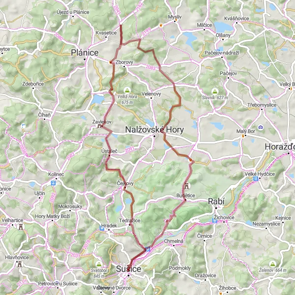 Mapa miniatúra "Jízda po hřbetech a údolích" cyklistická inšpirácia v Jihozápad, Czech Republic. Vygenerované cyklistickým plánovačom trás Tarmacs.app