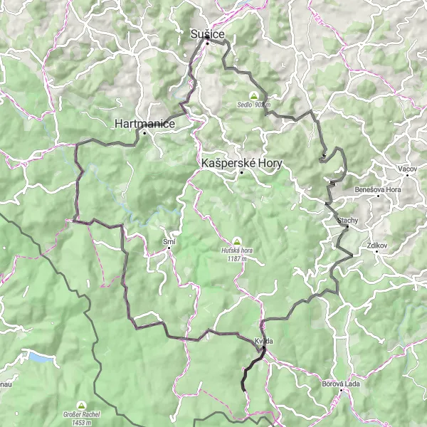 Miniaturní mapa "Okruh kolem Sušice a Kvildy" inspirace pro cyklisty v oblasti Jihozápad, Czech Republic. Vytvořeno pomocí plánovače tras Tarmacs.app