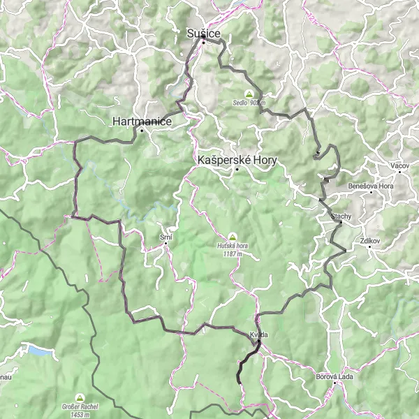 Map miniature of "The Sustrans Cycling Route" cycling inspiration in Jihozápad, Czech Republic. Generated by Tarmacs.app cycling route planner